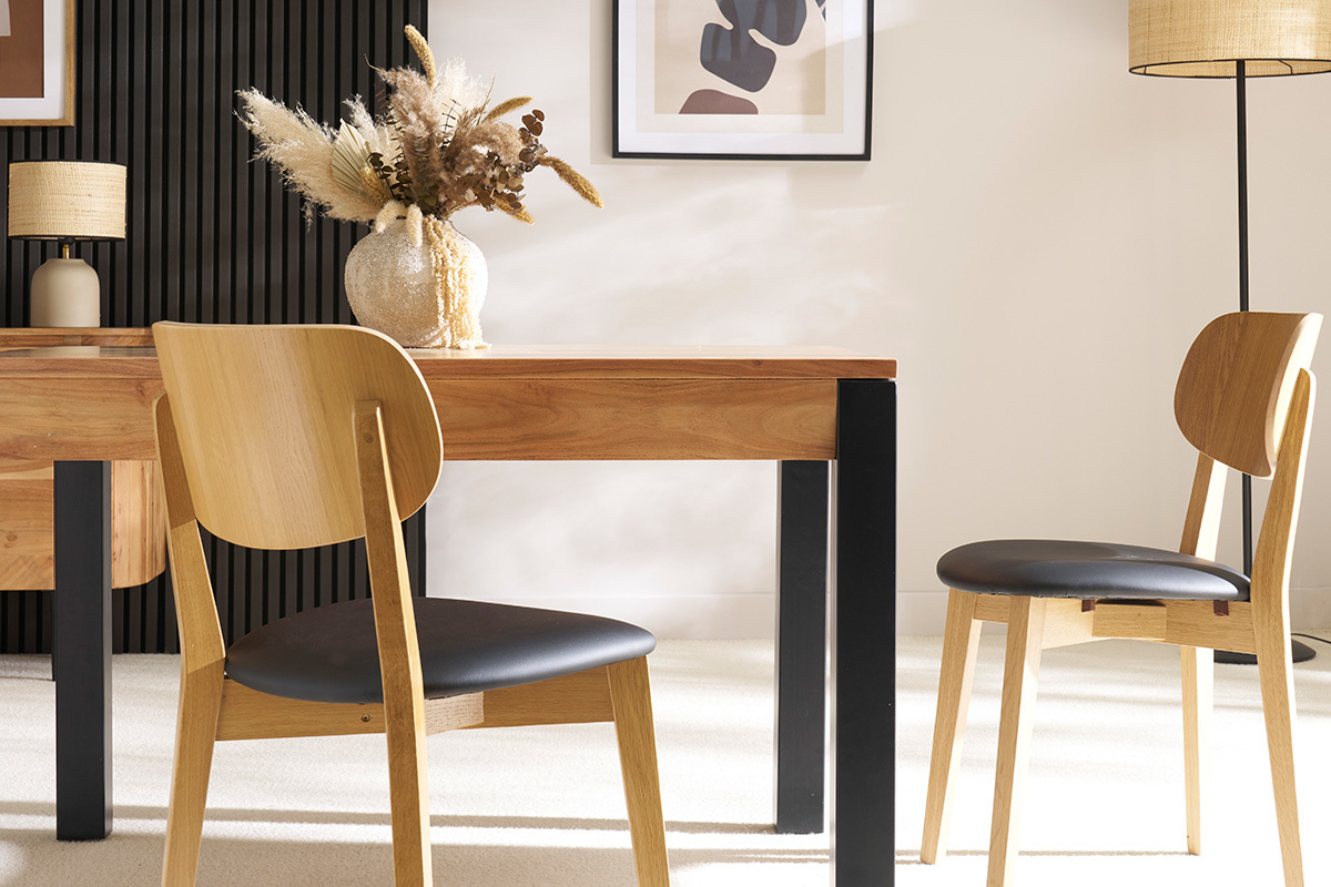 Set de 2sillas vintage de roble con asiento negro LUCIA