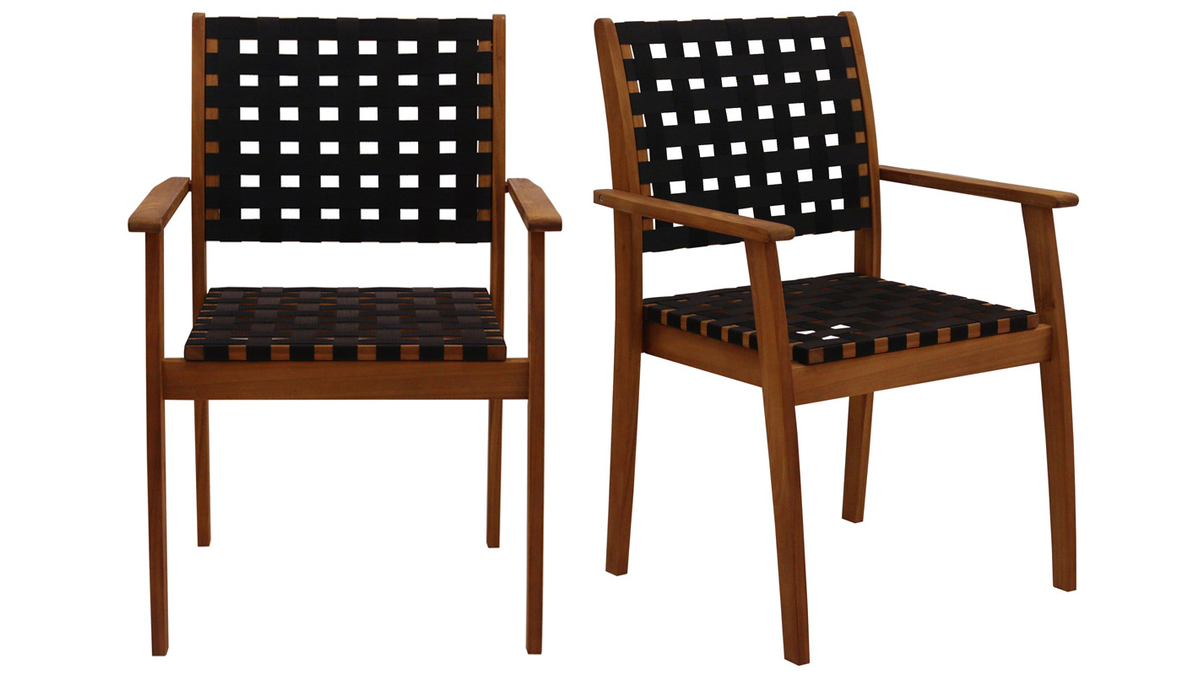 Set de 2 sillones de jardn apilables con cintas negras y madera maciza KHASHA