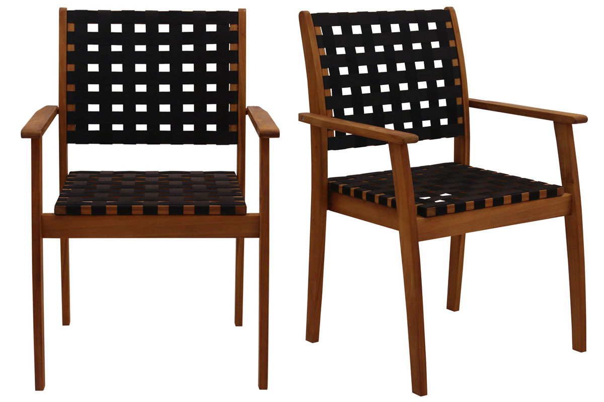 Set de 2 sillones de jardn apilables con cintas negras y madera maciza KHASHA