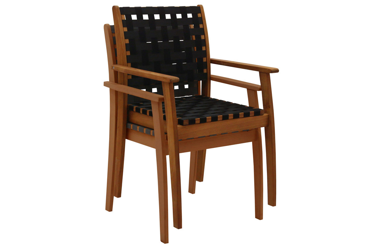 Set de 2 sillones de jardn apilables con cintas negras y madera maciza KHASHA