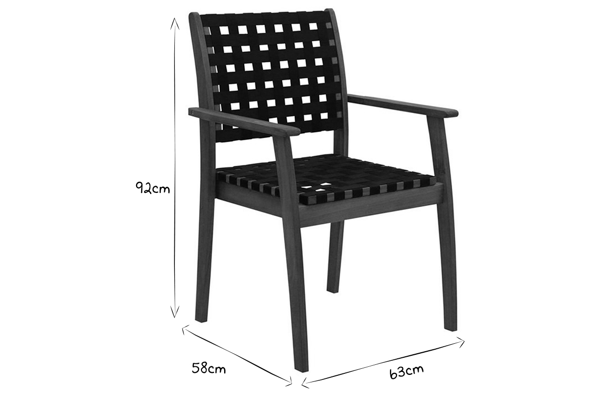 Set de 2 sillones de jardn apilables con cintas negras y madera maciza KHASHA