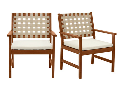 Set de 2 sillones de jardín de madera maciza con cojín blanco y cinchas beige SANTANA