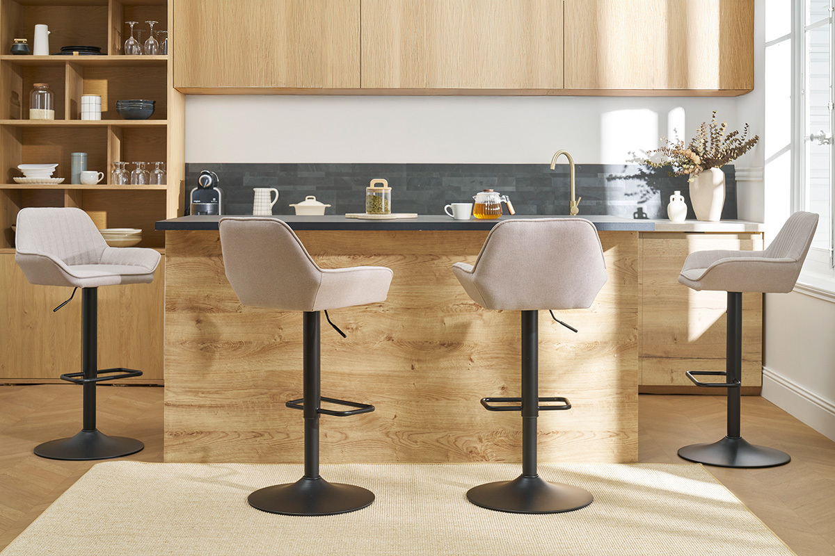 Set de 2 taburetes de cocina ajustable de tela beige y metal negro RONNIE
