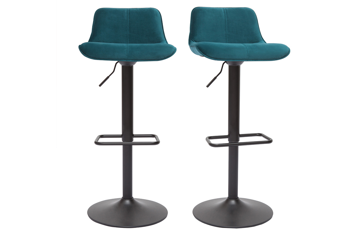Set de 2 taburetes de cocina ajustables 360 de terciopelo azul petrleo y metal negro BOOST
