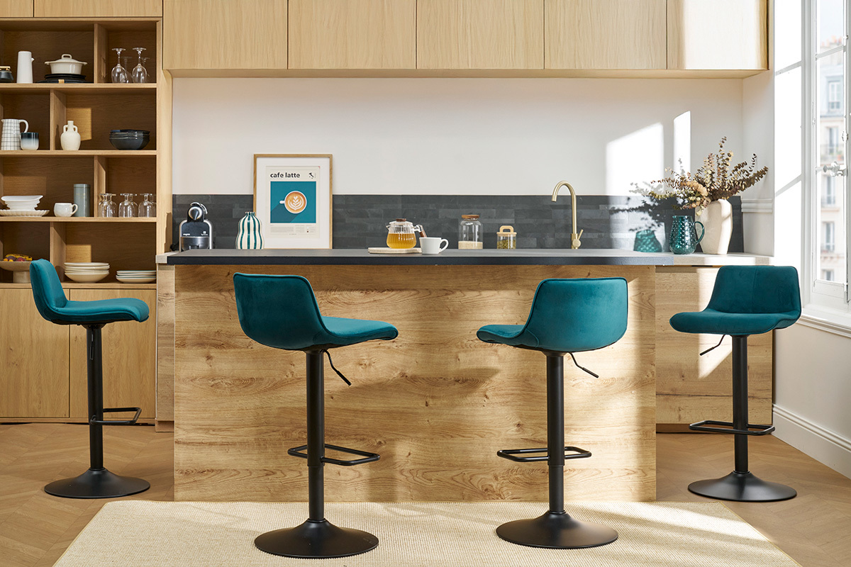 Set de 2 taburetes de cocina ajustables 360� de terciopelo azul petr�leo y metal negro BOOST