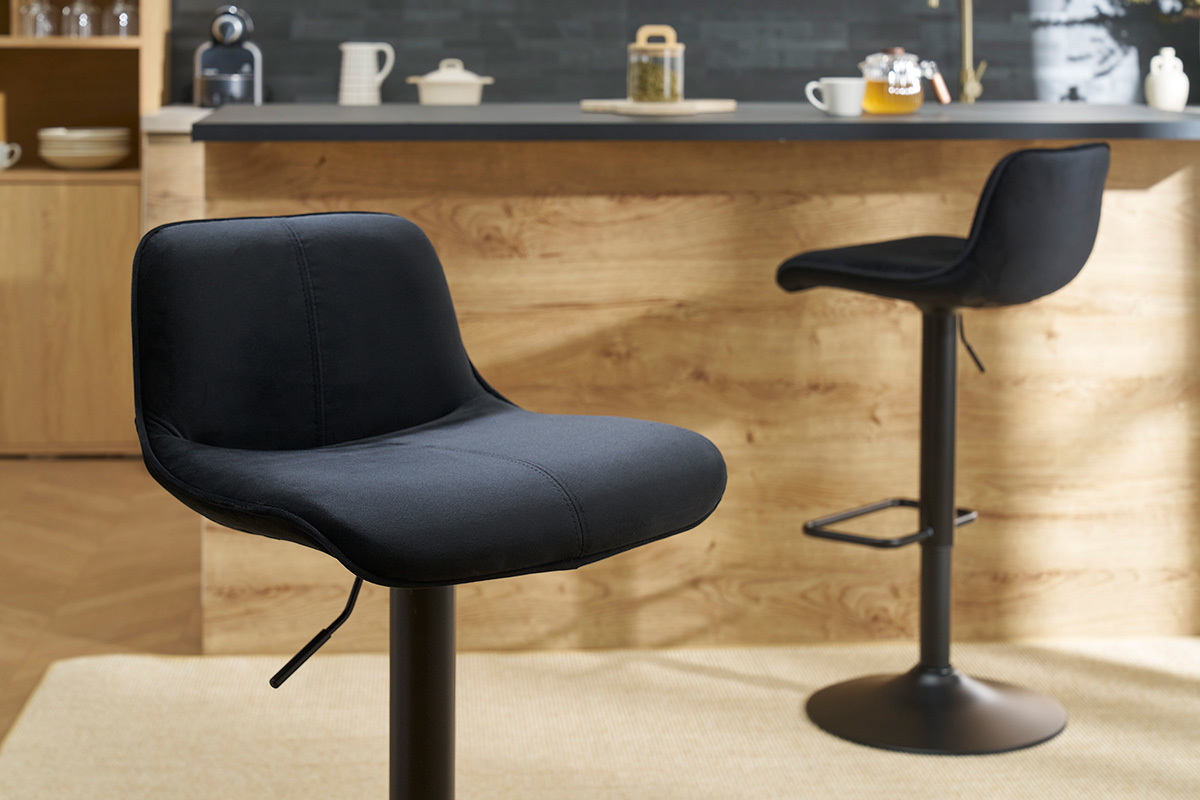 Set de 2 taburetes de cocina ajustables 360� negros de terciopelo y metal BOOST