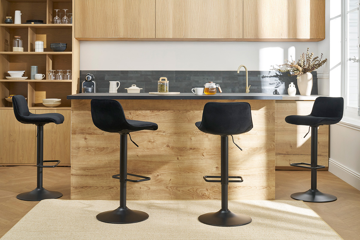 Set de 2 taburetes de cocina ajustables 360� negros de terciopelo y metal BOOST