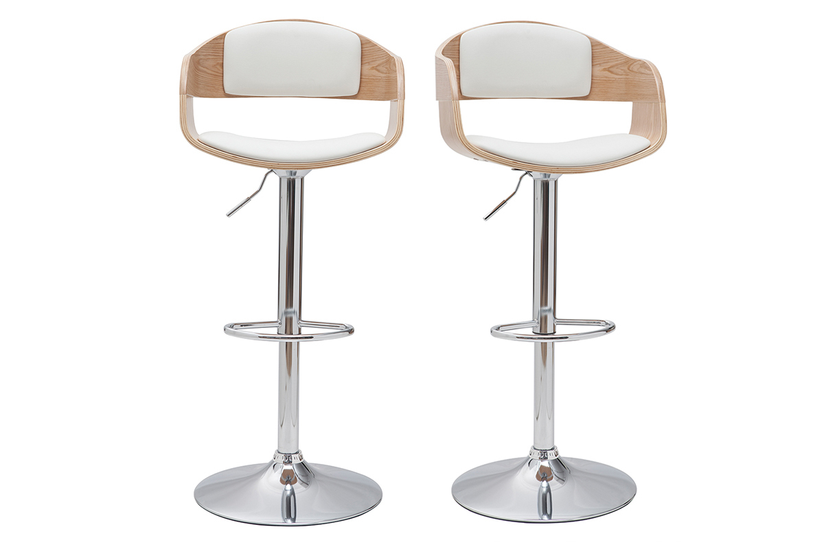 Set de 2taburetes de cocina ajustables de poliuretano blanco y madera clara EUSTACHE