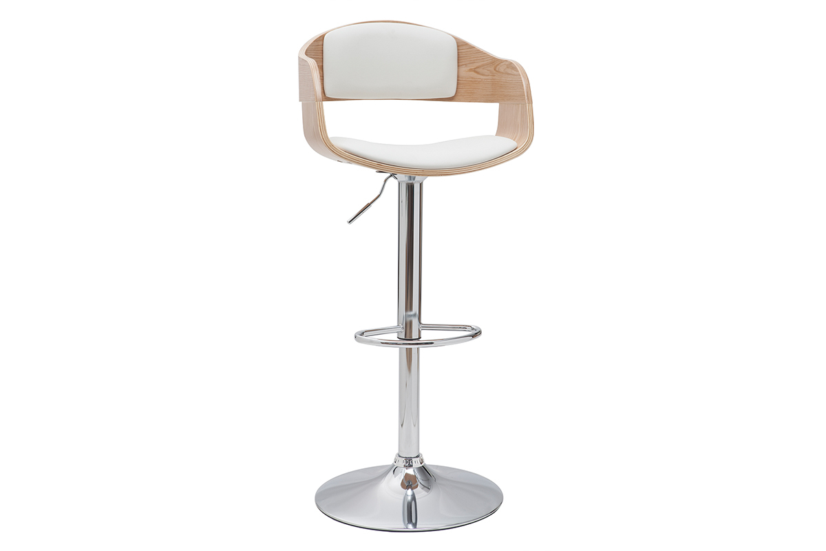 Set de 2taburetes de cocina ajustables de poliuretano blanco y madera clara EUSTACHE