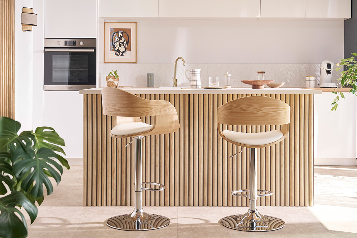 Set de 2taburetes de cocina ajustables de poliuretano blanco y madera clara EUSTACHE