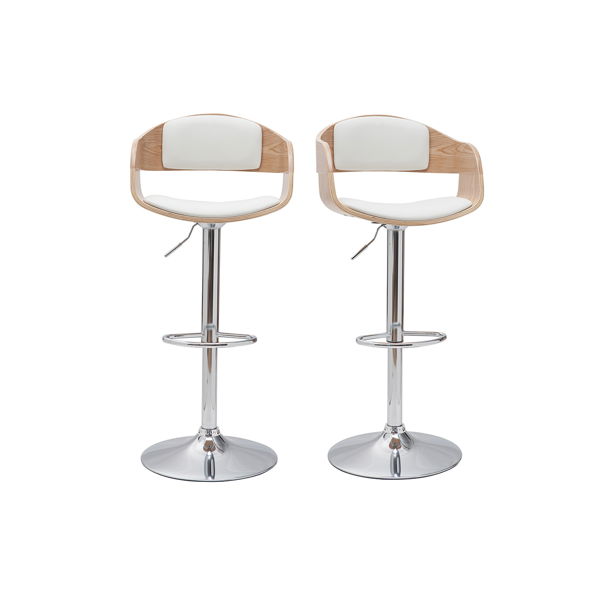Set de 2 taburetes de cocina ajustables de poliuretano blanco y madera clara EUSTACHE