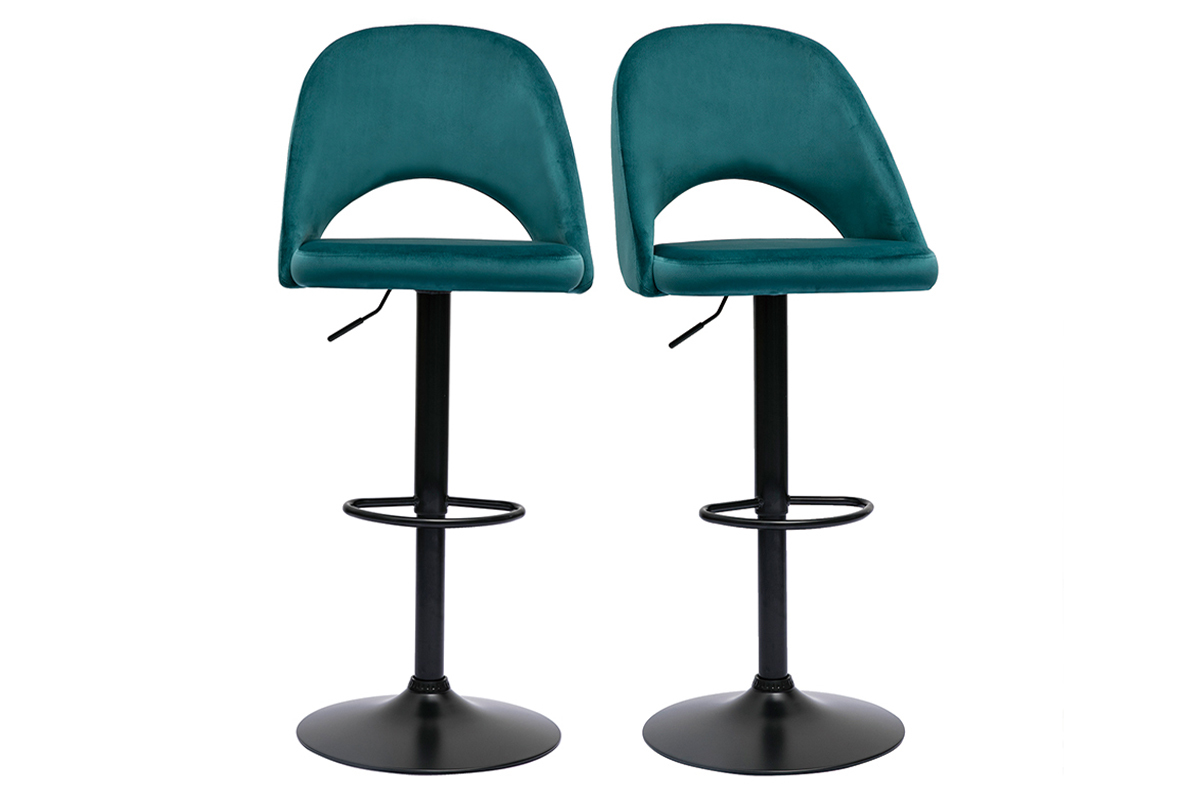 Set de 2 taburetes de cocina ajustables de terciopelo azul petrleo y metal negro COSETTE
