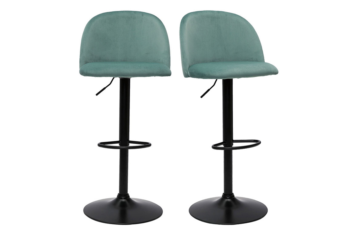 Set de 2taburetes de cocina ajustables de terciopelo verde celadn y metal negro CELESTE