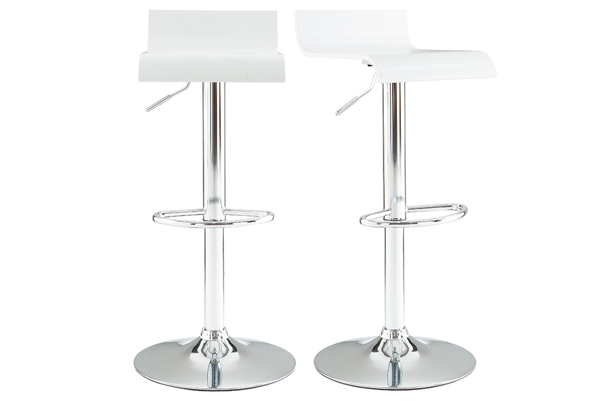 Set de 2 taburetes de cocina blancos con madera y acero cromado SURF V2