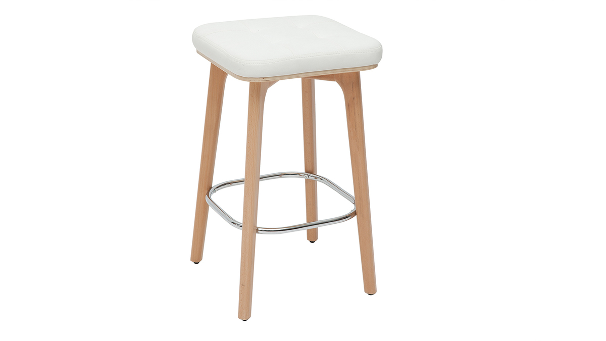 Taburete de cocina de diseño regulable blanco con tonos de madera clara  LUCIEN - Miliboo