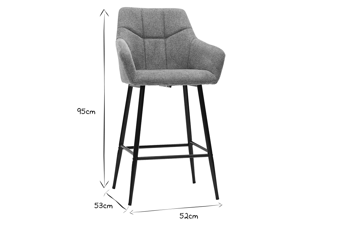 Set de 2 taburetes de cocina con asiento acolchado de tela efecto aterciopelado texturizado gris y metal negro 65 cm MONTERO
