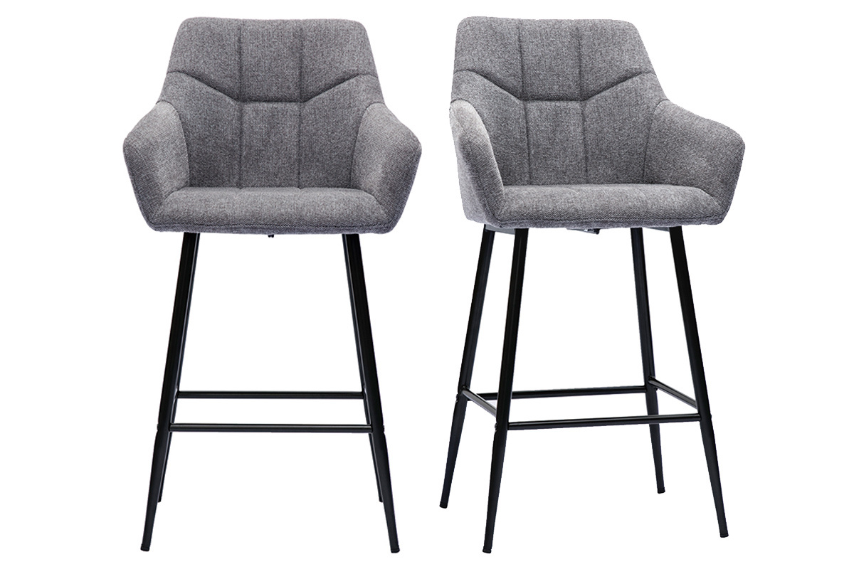 Set de 2 taburetes de cocina con asiento acolchado de tela efecto aterciopelado texturizado gris y metal negro 65 cm MONTERO
