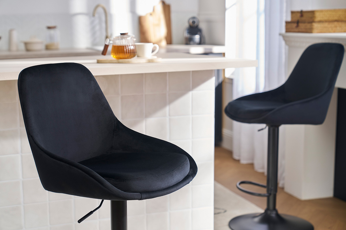 Set de 2 taburetes de cocina de dise�o ajustables 360� de terciopelo azul petr�leo y metal negro HOLO