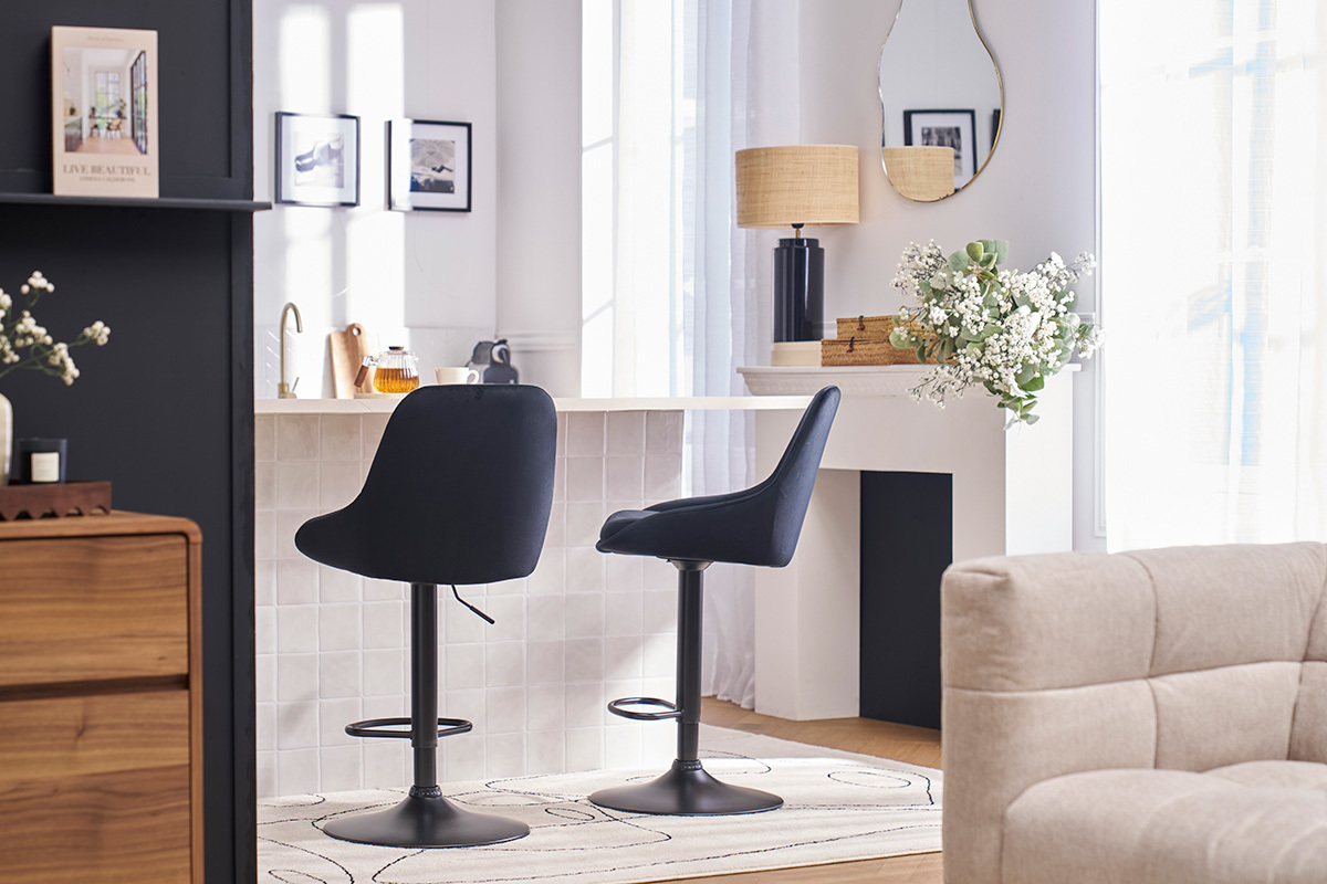 Set de 2 taburetes de cocina de dise�o ajustables 360� de terciopelo azul petr�leo y metal negro HOLO