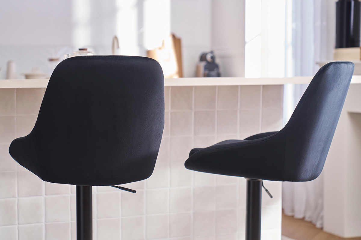 Set de 2 taburetes de cocina de dise�o ajustables 360� de terciopelo azul petr�leo y metal negro HOLO