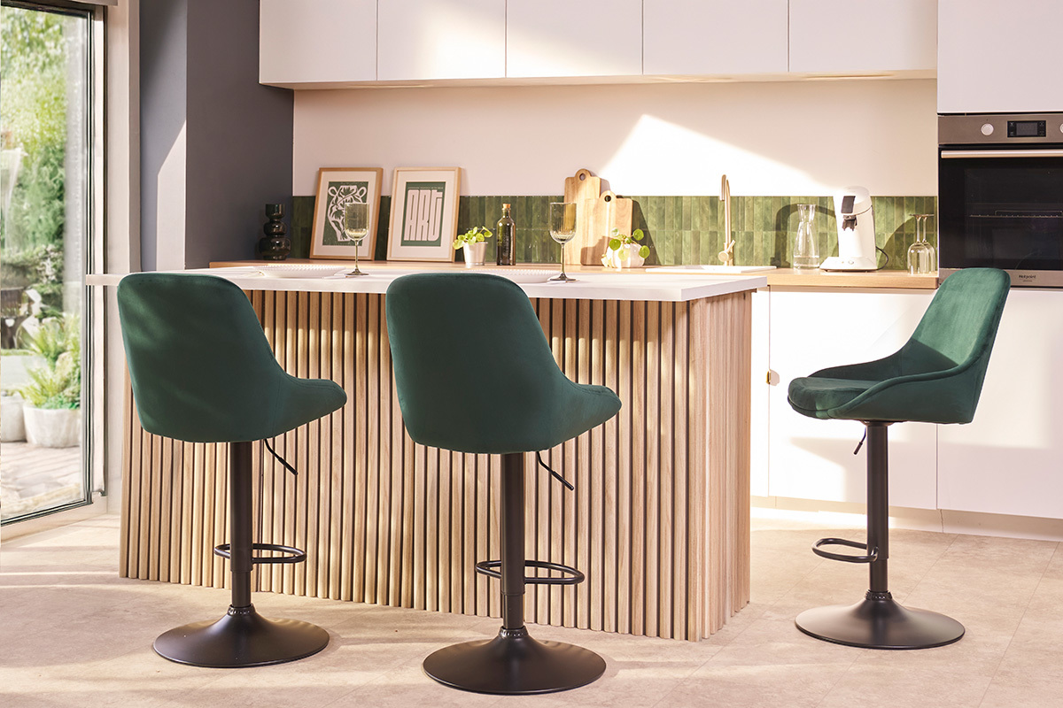 Set de 2 taburetes de cocina de dise�o ajustables 360� de terciopelo topo y metal negro HOLO