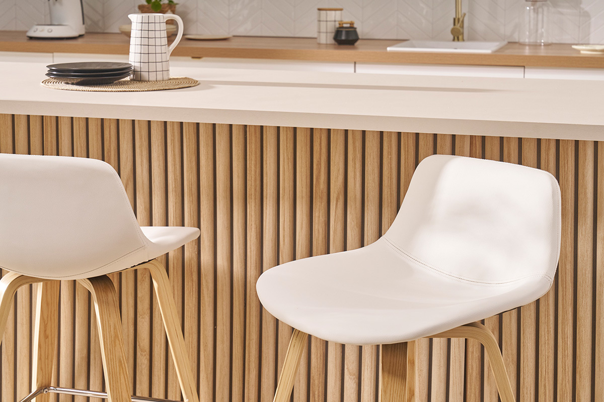 Set de 2taburetes de cocina de diseo blanco con madera clara 65cm NONIE