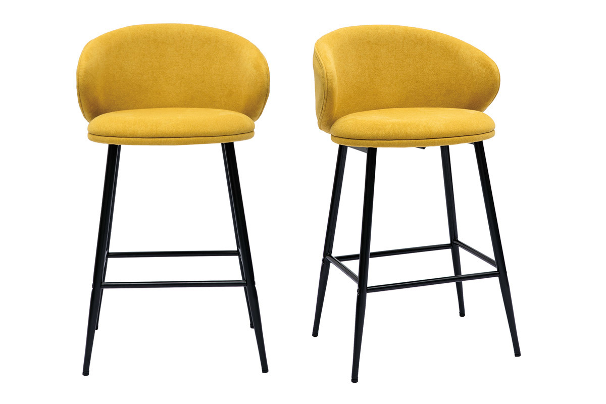 Set de 2 taburetes de cocina de diseo de tela efecto aterciopelado amarillo mostaza y metal negro ROSALIE