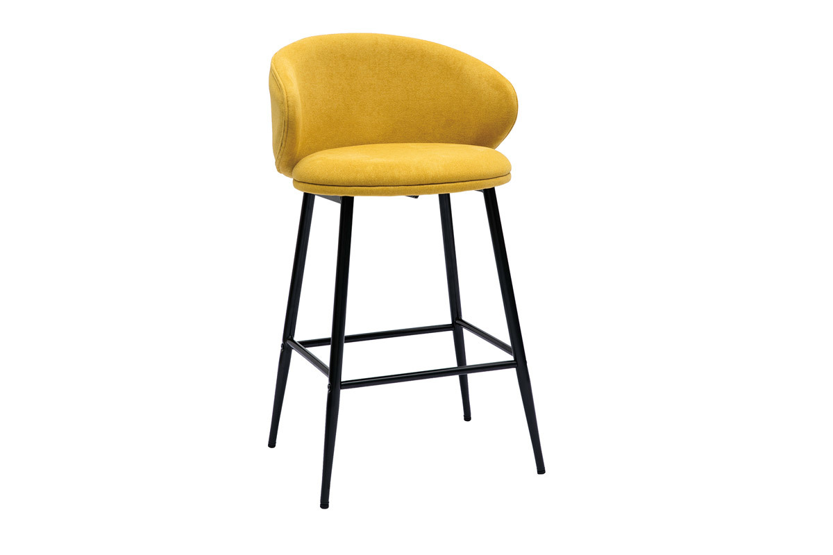 Set de 2 taburetes de cocina de diseo de tela efecto aterciopelado amarillo mostaza y metal negro ROSALIE
