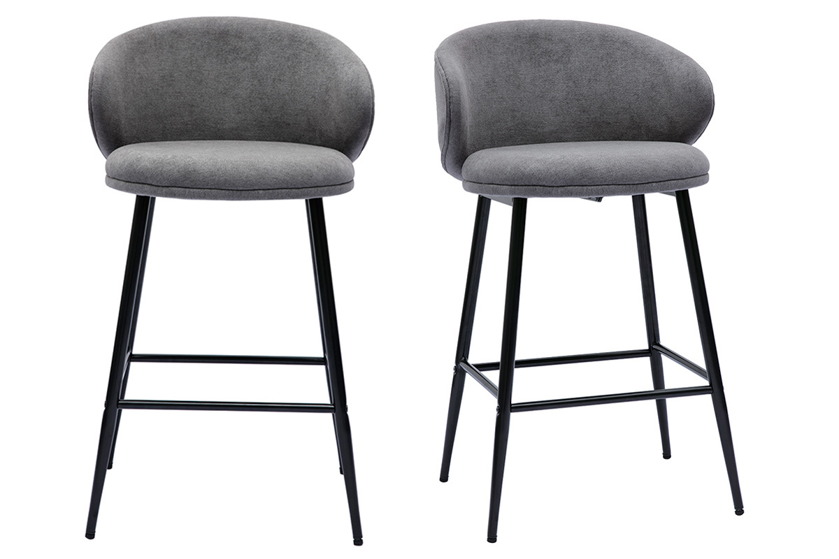 Set de 2 taburetes de cocina de diseo de tela efecto aterciopelado gris y metal negro ROSALIE