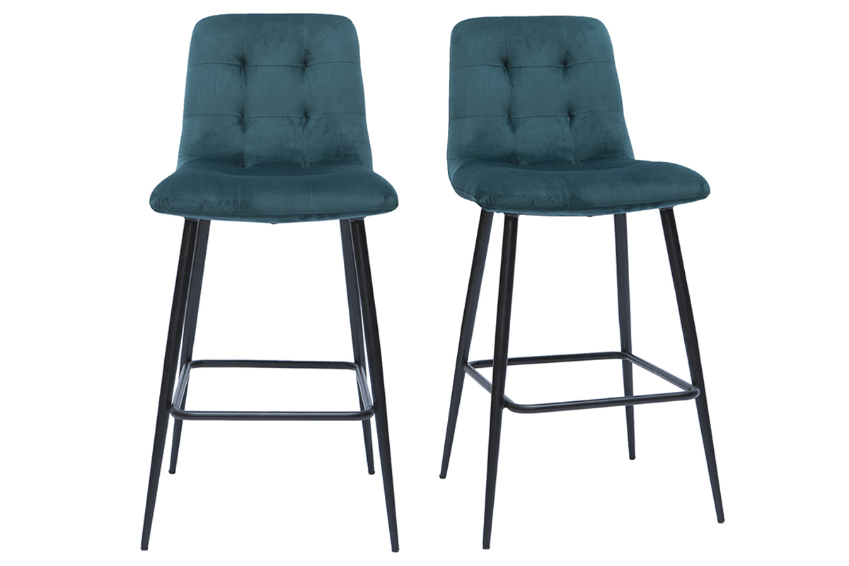 Set de2 taburetes de cocina de diseo de terciopelo azul petrleo 65cm de altura ESCAPE