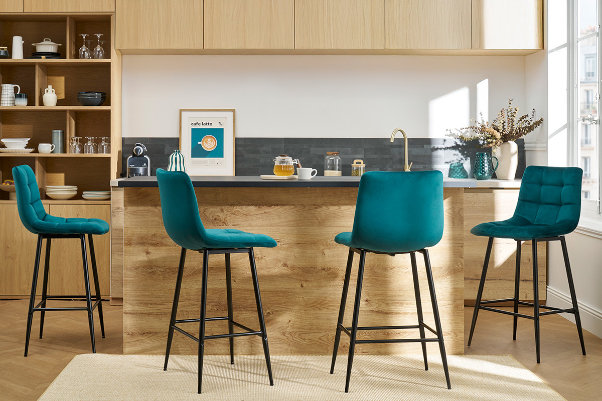Set de 2 taburetes de cocina de diseo de terciopelo azul petrleo 65cm MAXWELL
