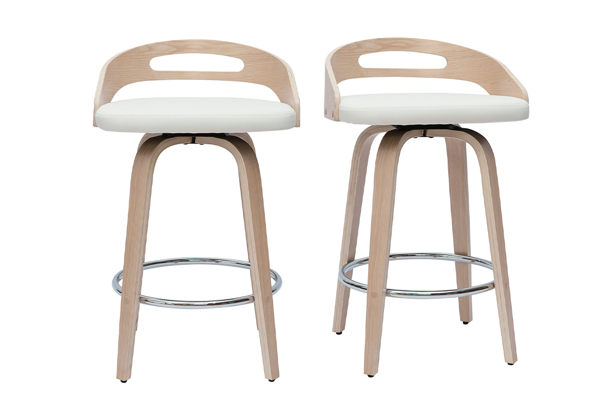 Set de 2taburetes de cocina de diseo madera clara y poliuretano blanco 65cm MANO