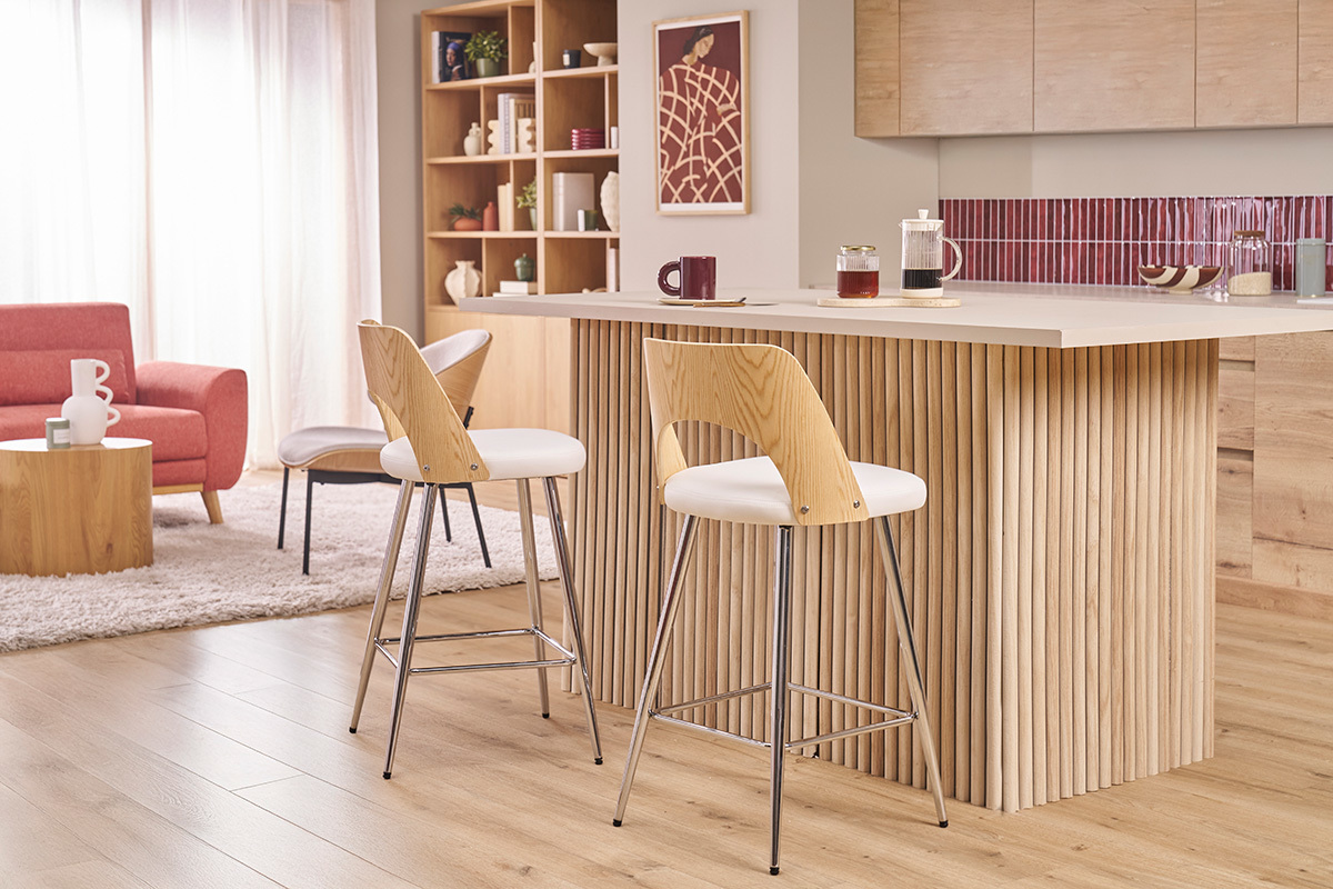 Set de 2�taburetes de cocina de dise�o madera y blanco 66,5�cm FALCOM