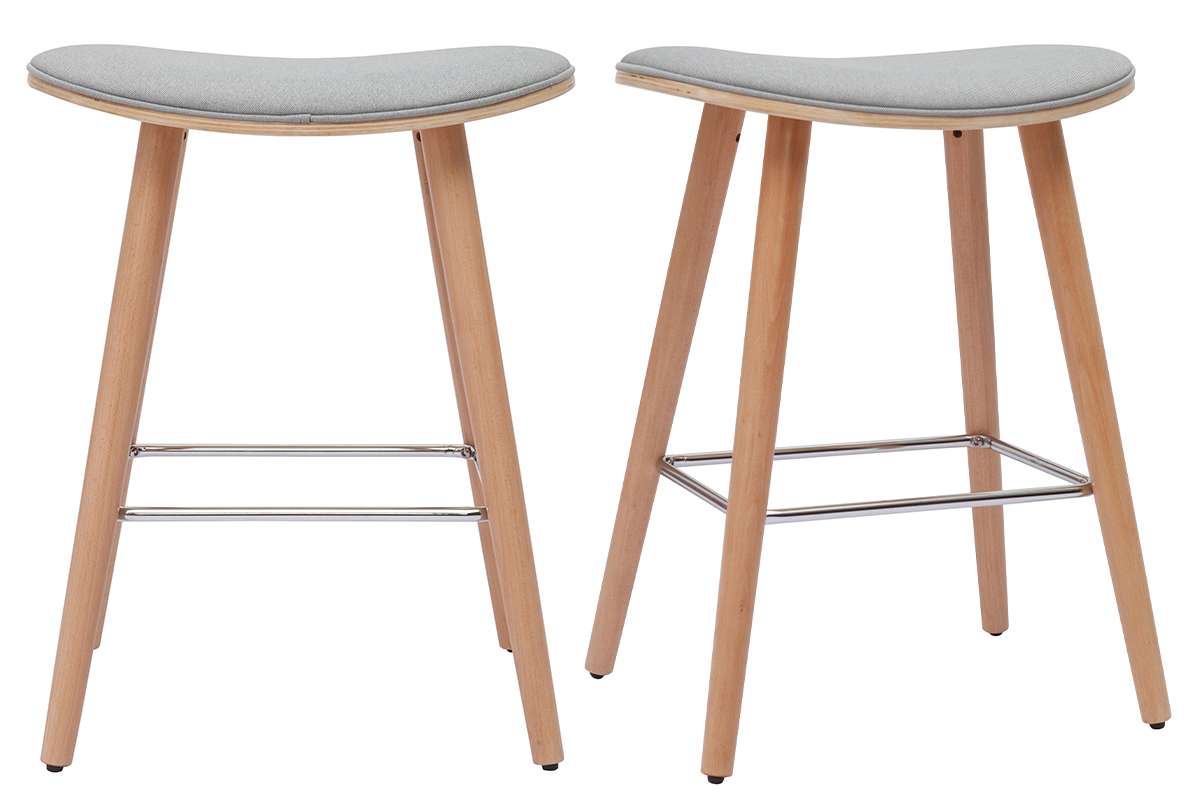 Set de 2 taburetes de cocina de madera clara y tejido gris claro 65 cm MEADOW