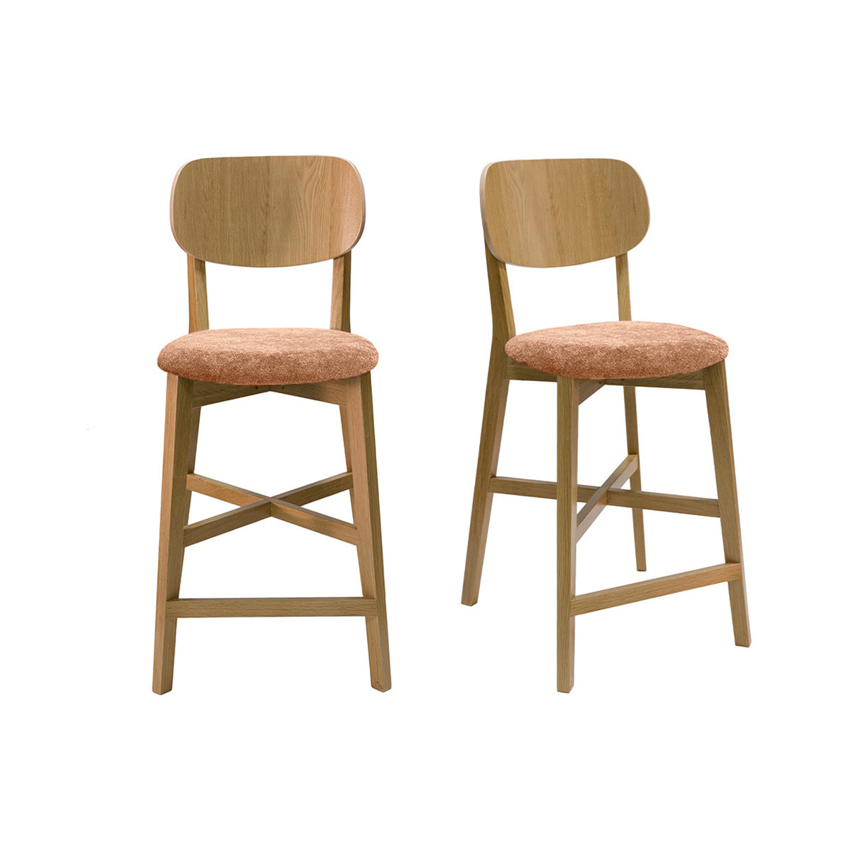 Set de 2 taburetes de cocina de madera de roble claro y tela efecto aterciopelado terracota 65 cm LUCIA