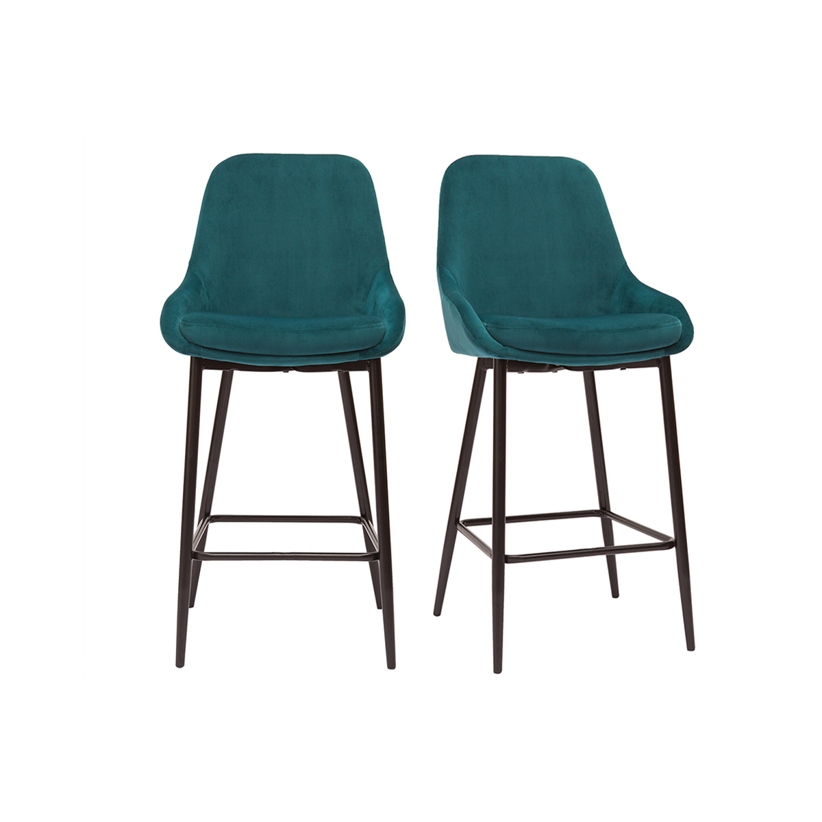 Set de 2 taburetes de cocina de terciopelo azul petróleo y metal negro 65 cm de altura HOLO