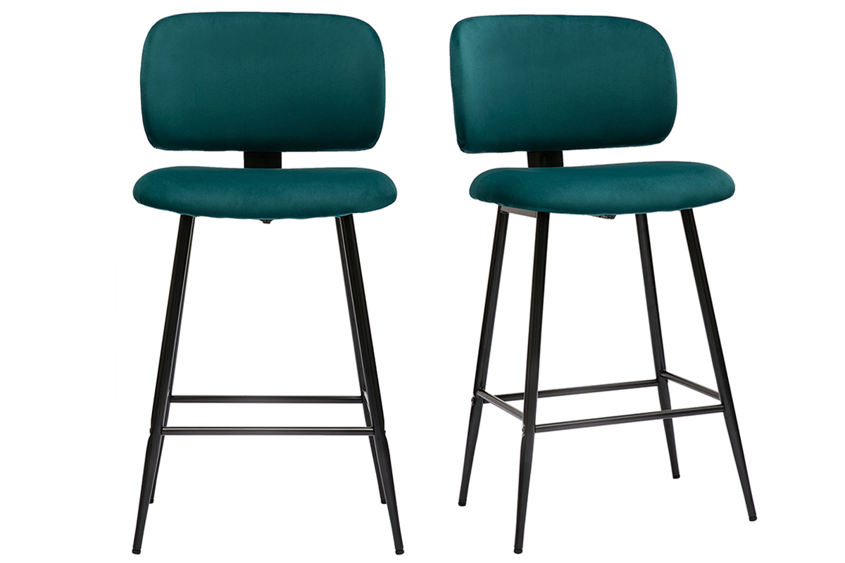 Set de 2 taburetes de cocina de terciopelo azul petrleo y metal negro 70 cm de altura ATRIUM