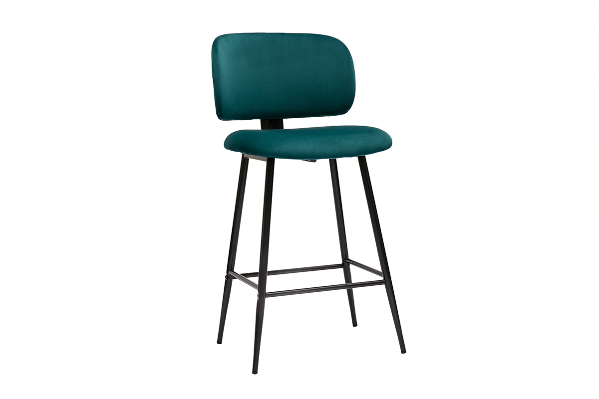 Set de 2 taburetes de cocina de terciopelo azul petrleo y metal negro 70 cm de altura ATRIUM