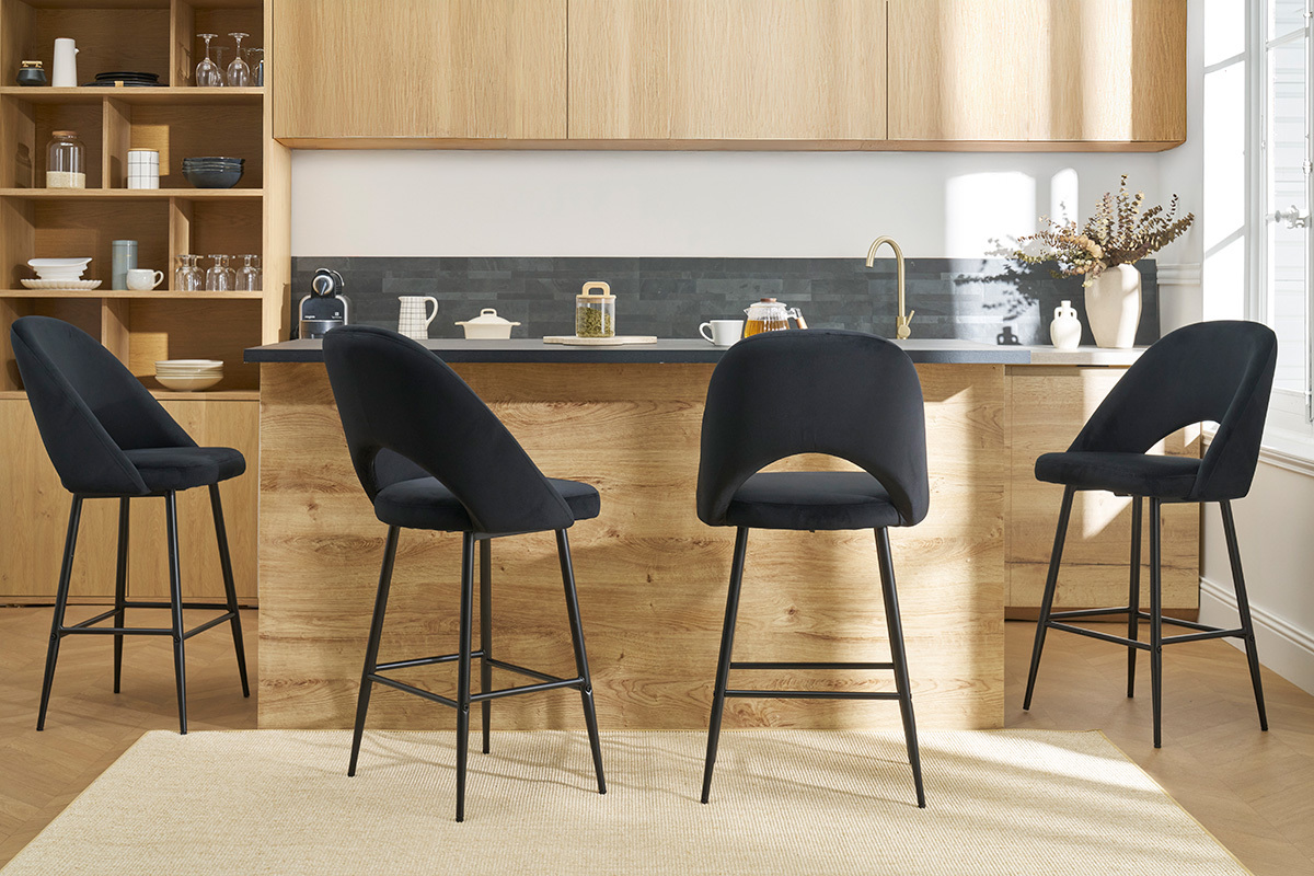 Set de 2 taburetes de cocina de terciopelo negro y metal 65 cm COSETTE