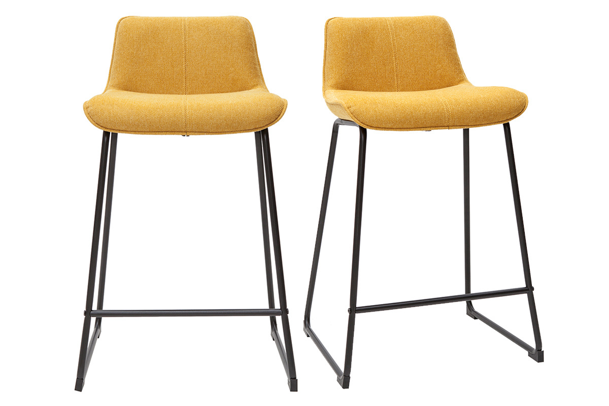 Set de 2 taburetes de cocina efecto aterciopelado texturizado amarillo mostaza y metal 65 cm BOOST