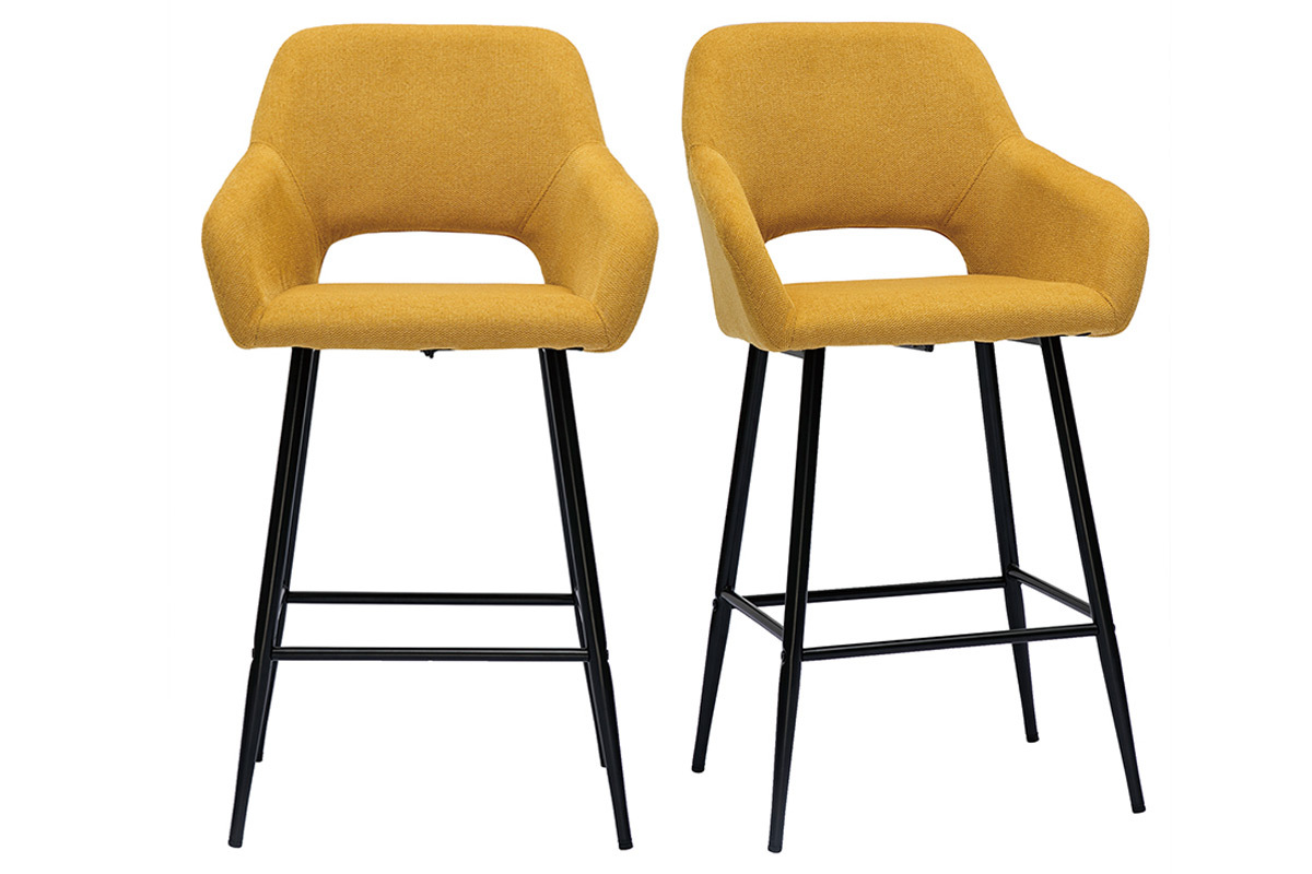 Set de 2 taburetes de cocina efecto aterciopelado texturizado amarillo y metal 65 cm LAURETTE
