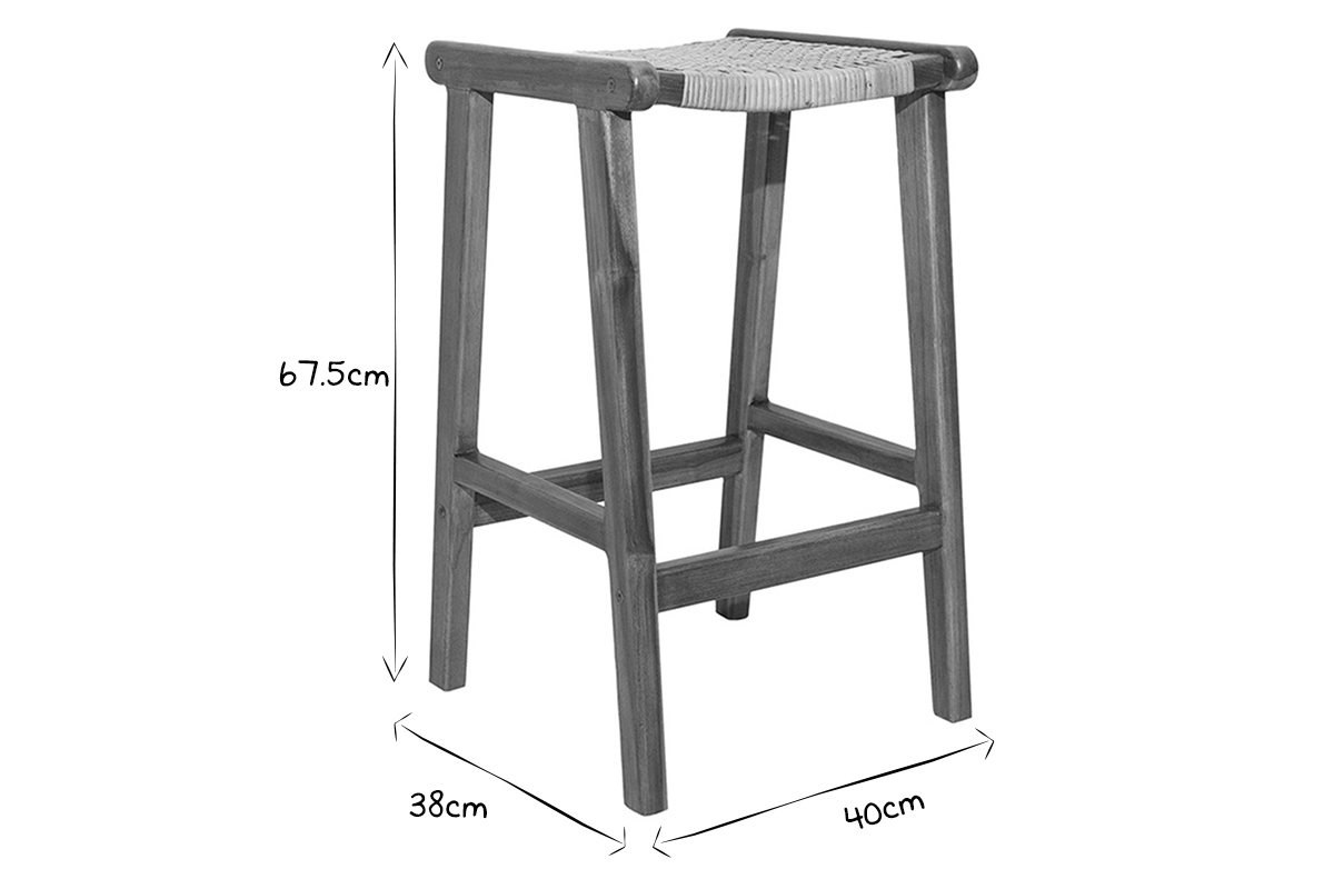 Set de 2 taburetes de cocina tnicos de madera maciza de teca y caa de ratn 65 cm GAWA