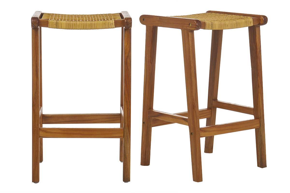 Set de 2 taburetes de cocina tnicos de madera maciza de teca y caa de ratn 65 cm GAWA