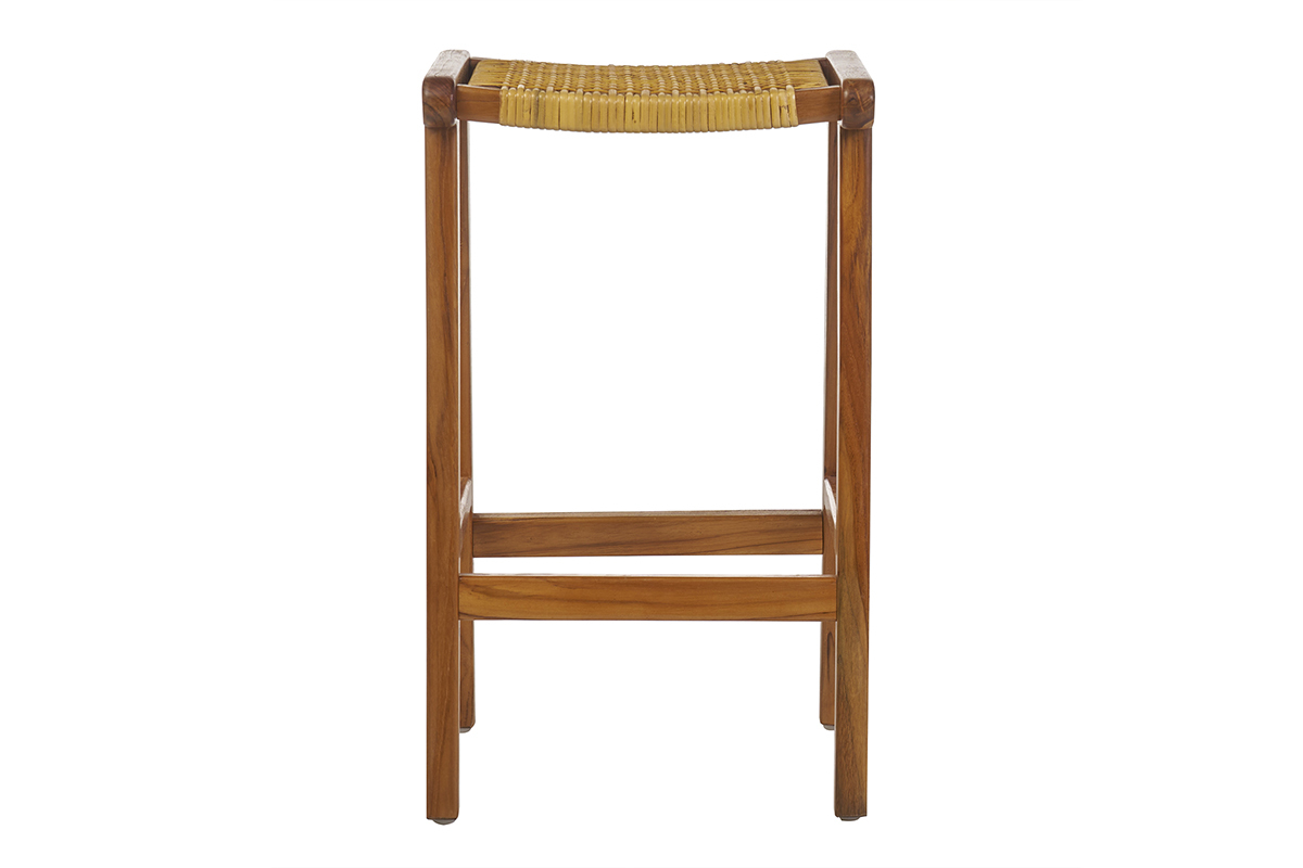 Set de 2 taburetes de cocina tnicos de madera maciza de teca y caa de ratn 65 cm GAWA