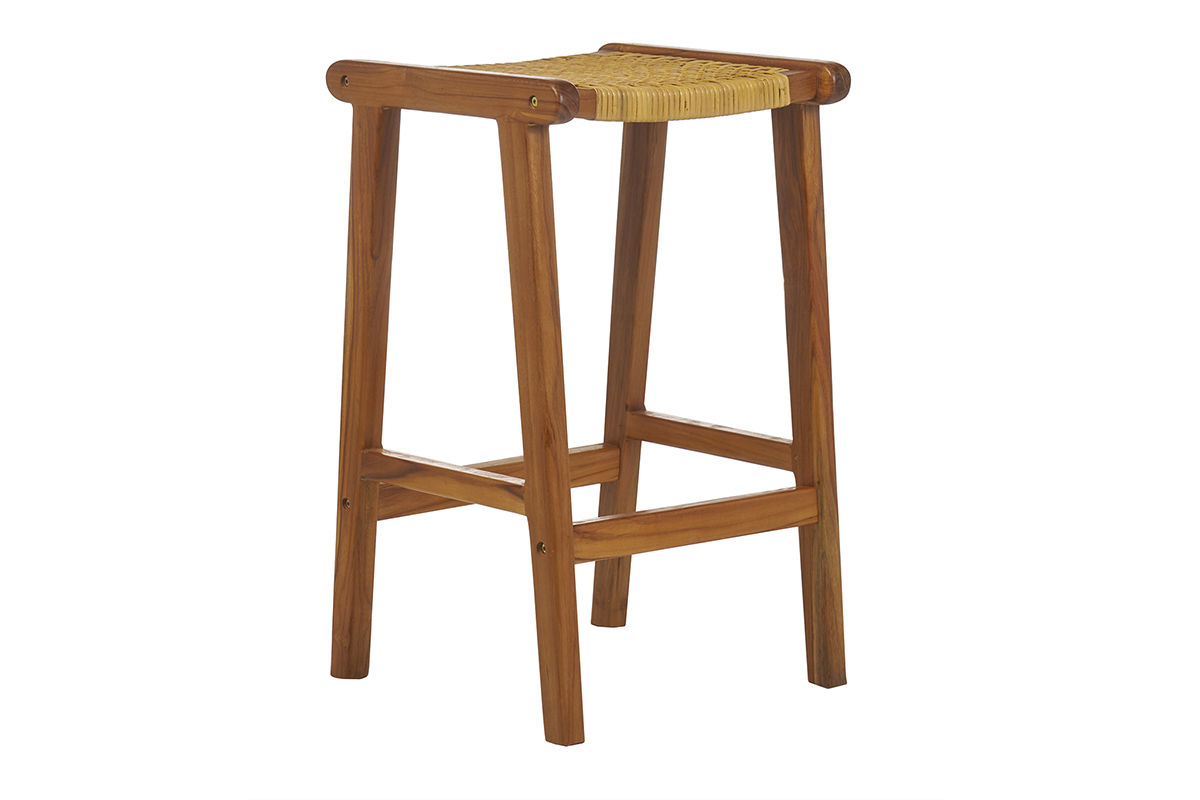 Set de 2 taburetes de cocina tnicos de madera maciza de teca y caa de ratn 65 cm GAWA