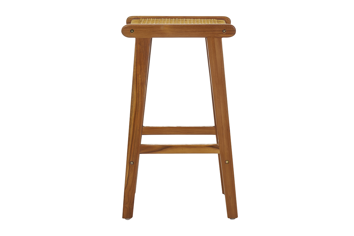 Set de 2 taburetes de cocina tnicos de madera maciza de teca y caa de ratn 65 cm GAWA