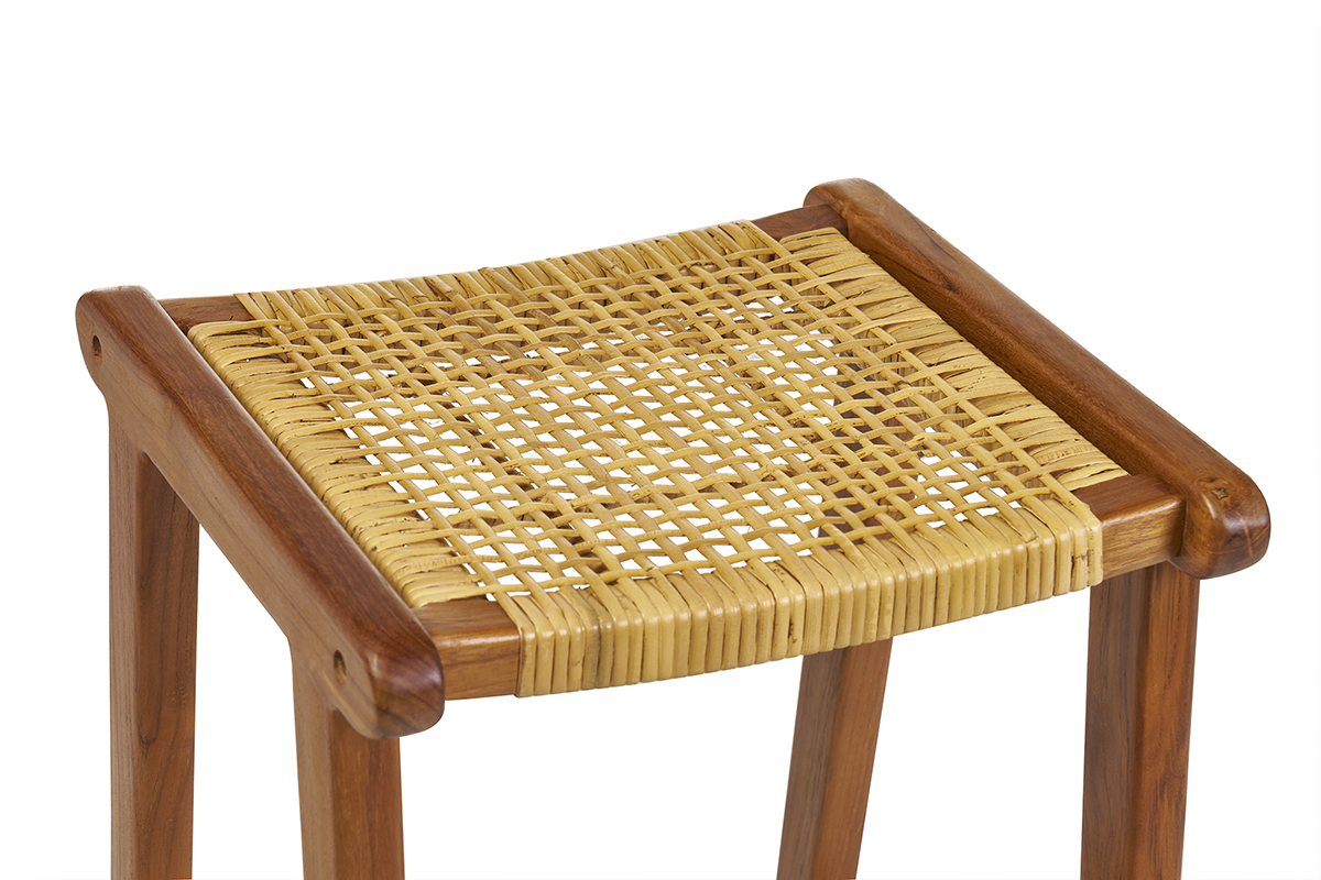Set de 2 taburetes de cocina tnicos de madera maciza de teca y caa de ratn 65 cm GAWA
