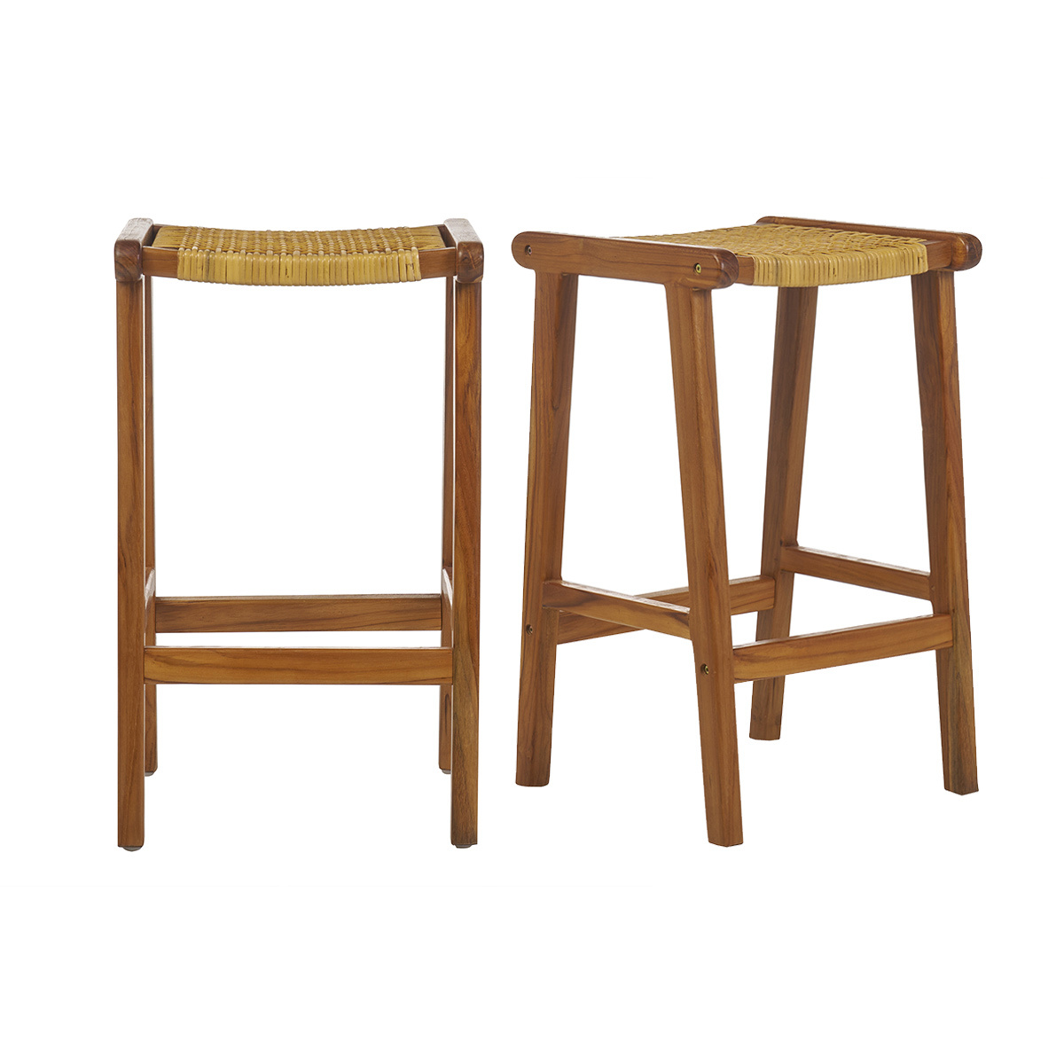 Set de 2 taburetes de cocina étnicos de madera maciza de teca y caña de ratán 65 cm GAWA