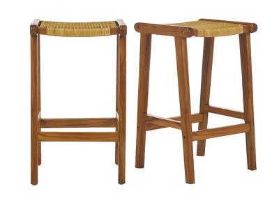 Set de 2 taburetes de cocina étnicos de madera maciza de teca y caña de ratán 65 cm GAWA
