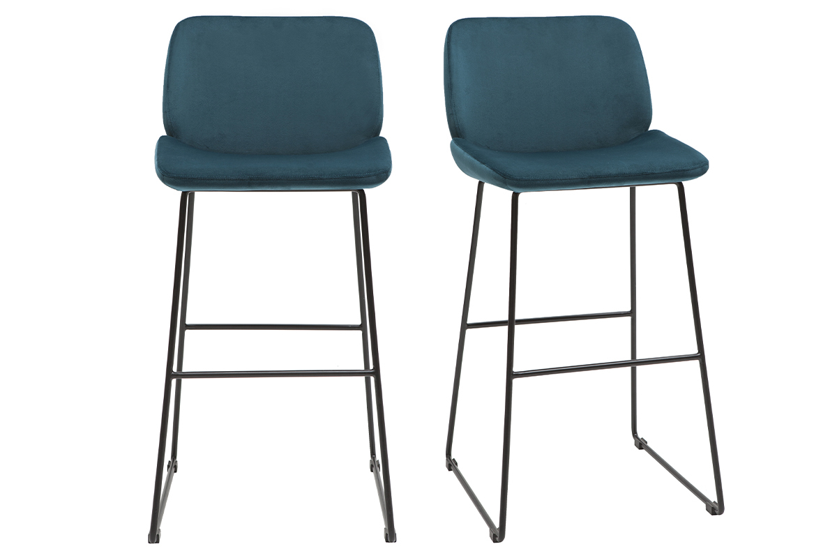 Set de 2taburetes de cocina fijos de terciopelo azul petrleo con patas de metal negro 65cm KAOLY